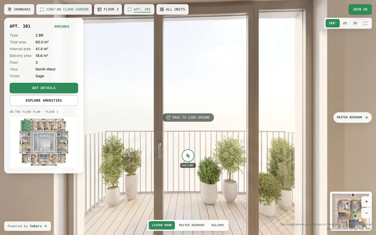 The apartment page of the catalog: a 360° walk-through of the balcony with a hotspot to the master bedroom, the unit facts, its position on the floor plan and a Get details button.