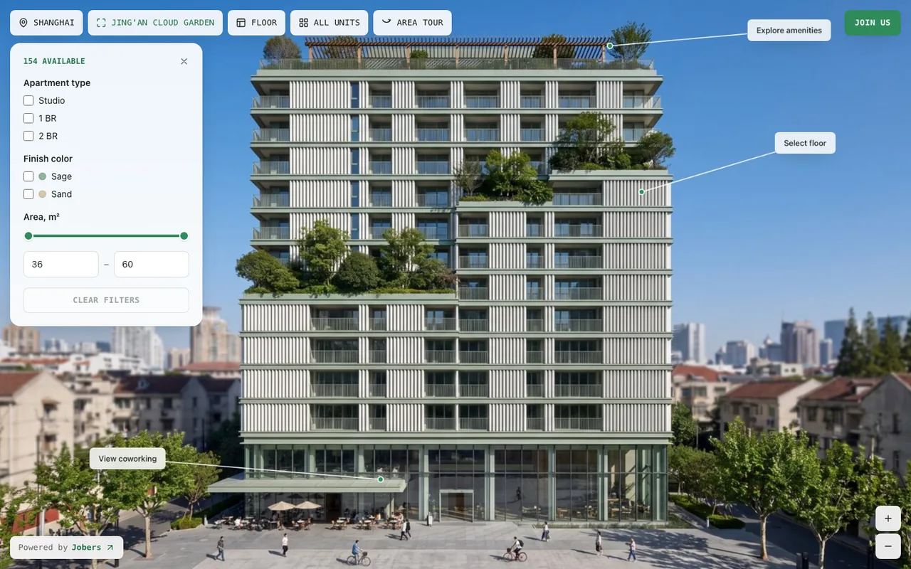 The building view of the catalog: a rendered residential tower with clickable hotspots for the floors, coworking and amenities, and a filter panel showing 154 available apartments.